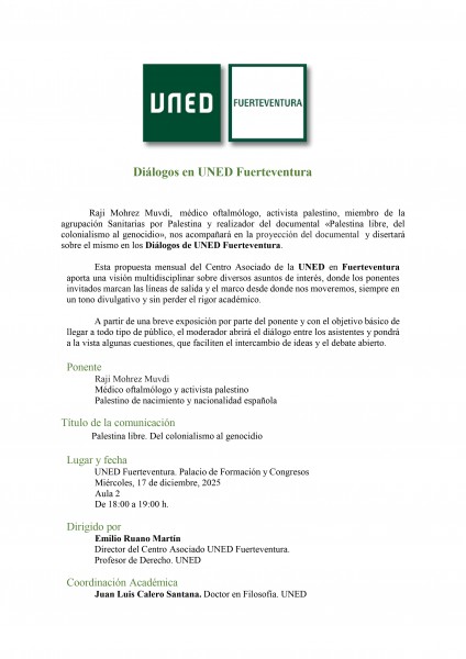 Diálogos en UNED Fuerteventura. Palestina libre. Del colonialismo al genocidio